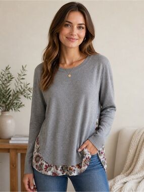 LOFT Gray Layered Hem Pullover with Floral Trim NWT